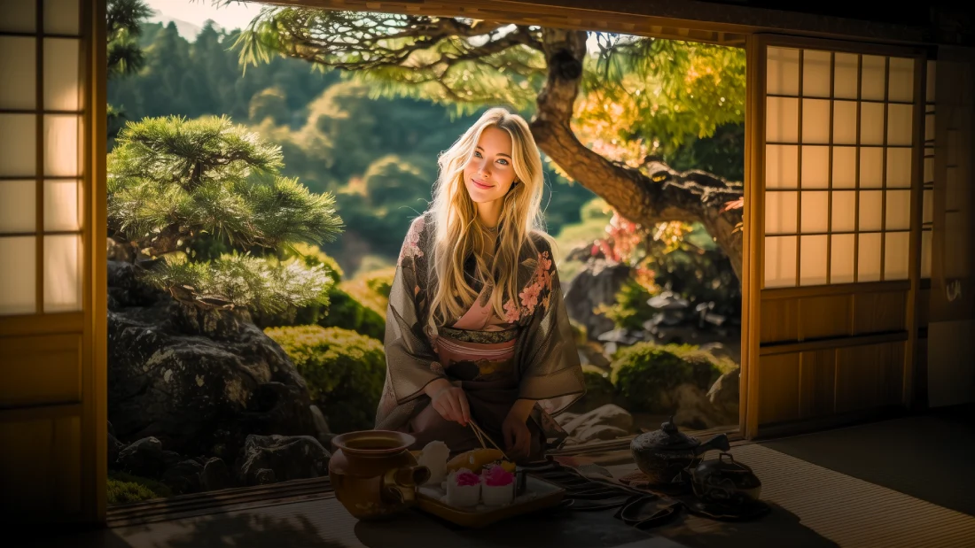 Pareja con kimono en calle tradicional de Kioto